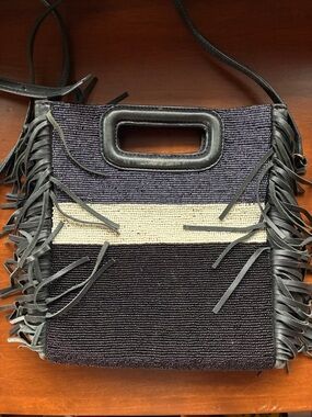 Woven Fringe Shoulder Bag in Black and Cream